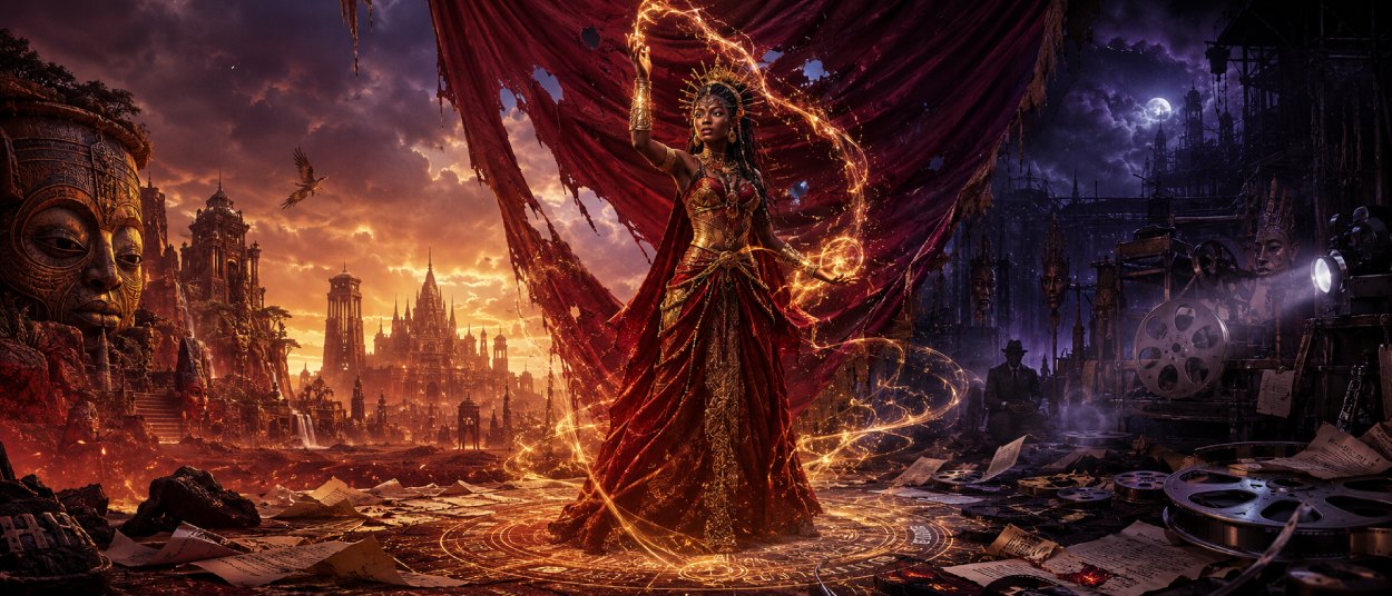 Eine junge Magierin steht in einer afrikanisch inspirierten Fantasywelt vor einem zerbrochenen Kinovorhang, während goldene Magie und dunkle Schatten aufeinandertreffen.