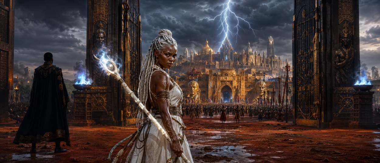Eine junge Magierin steht vor den Toren eines afrikanisch inspirierten Fantasy-Königreichs, während ein dunkler Sturm über Palastmauern und magischen Symbolen aufzieht.