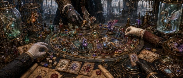 Chimerium Brettspiel mit Magiern, Chimären, Alchemielabor und Fabrikschloten in einer viktorianischen Fantasywelt.