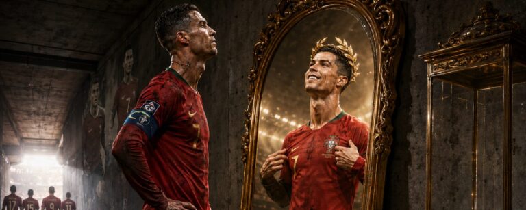 Cristiano-Ronaldo-artiger Fußballstar steht als alternder König in dunklen Stadionkatakomben vor einem goldenen Spiegel, in dem eine jüngere gekrönte Version seiner selbst erscheint, während eine leere Vitrine für die Weltkrone neben ihm steht.
