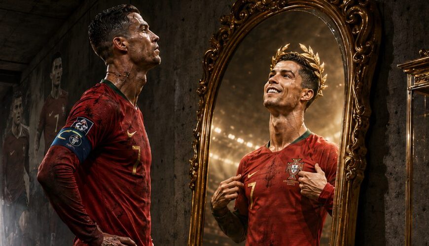 Cristiano-Ronaldo-artiger Fußballstar steht als alternder König in dunklen Stadionkatakomben vor einem goldenen Spiegel, in dem eine jüngere gekrönte Version seiner selbst erscheint, während eine leere Vitrine für die Weltkrone neben ihm steht.