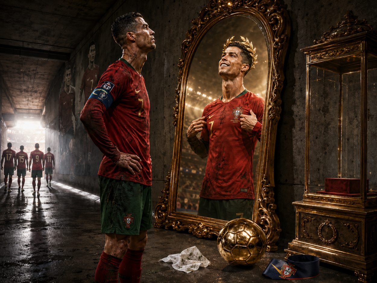 Cristiano-Ronaldo-artiger Fußballstar steht als alternder König in dunklen Stadionkatakomben vor einem goldenen Spiegel, in dem eine jüngere gekrönte Version seiner selbst erscheint, während eine leere Vitrine für die Weltkrone neben ihm steht.