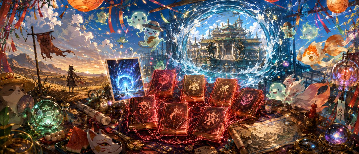 Ein farbenreicher Anime-Sommerkorb voller magischer Bücher, Geister, Zeitfotos, antiker Paläste und einer leeren Fantasy-Grenzlandschaft.