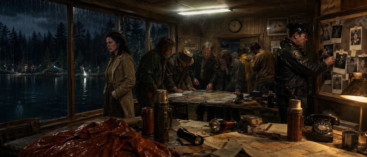 Pamela Voorhees steht in der Horrorserie Crystal Lake am nebligen See, während Bewohner der Kleinstadt nach ihrem verschwundenen Sohn suchen.