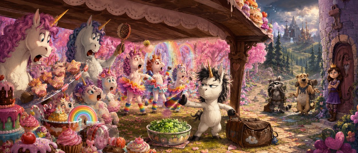 Das NEINhorn verlässt im Animationsfilm den zuckersüßen Herzwald, während seine Einhornfamilie fassungslos auf sein entschiedenes Nein reagiert.