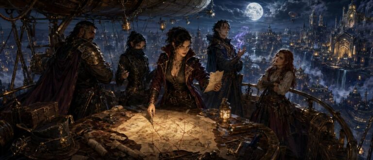 Eine Gaunercrew steht auf dem Deck eines Luftschiffs über einer Fantasy-Stadt, während Karten, Beutepläne und gespannte Blicke auf einen riskanten Raubzug hindeuten.