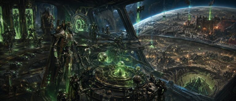 Ein hochgewachsener metallischer Necron-Anführer steht auf der Brücke eines Raumschiffs und blickt auf den Planeten Kronus. Hinter ihm marschieren grün leuchtende Maschinenkrieger aus geöffneten Grabkammern, während auf der Oberfläche Orks und Space Marines zwischen brennenden Ruinen kämpfen.