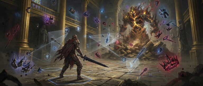 Ein einsamer Kämpfer steht in einer dunklen Fantasy-Arena vor schwebenden verfluchten Relikten, während ein Boss aus Gold und Schatten erwacht.