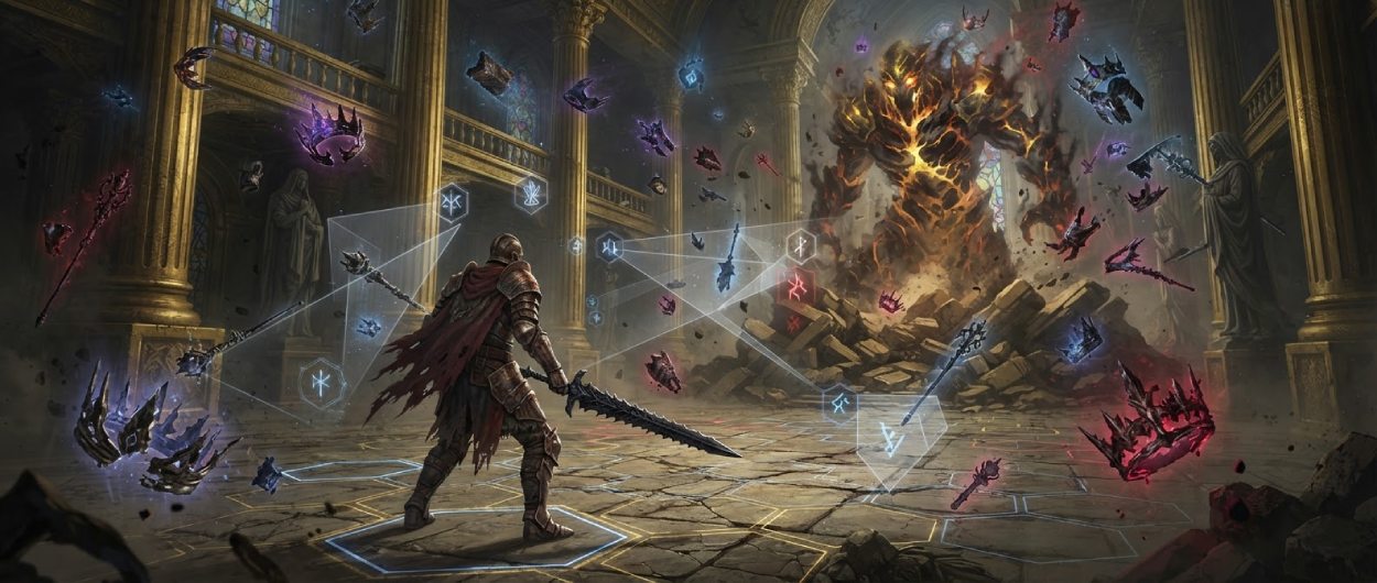 Ein einsamer Kämpfer steht in einer dunklen Fantasy-Arena vor schwebenden verfluchten Relikten, während ein Boss aus Gold und Schatten erwacht.