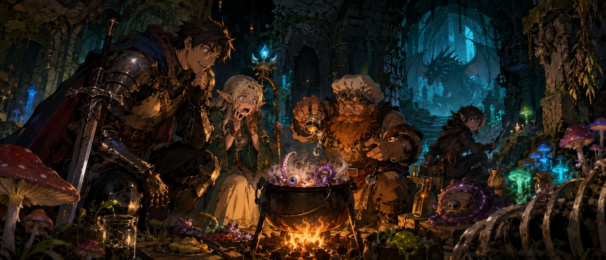 Eine Fantasy-Abenteurergruppe sitzt in einem dunklen Dungeon an einem Lagerfeuer, während seltsame Monsterzutaten, Kochgeschirr und Drachenknochen im Hintergrund liegen.