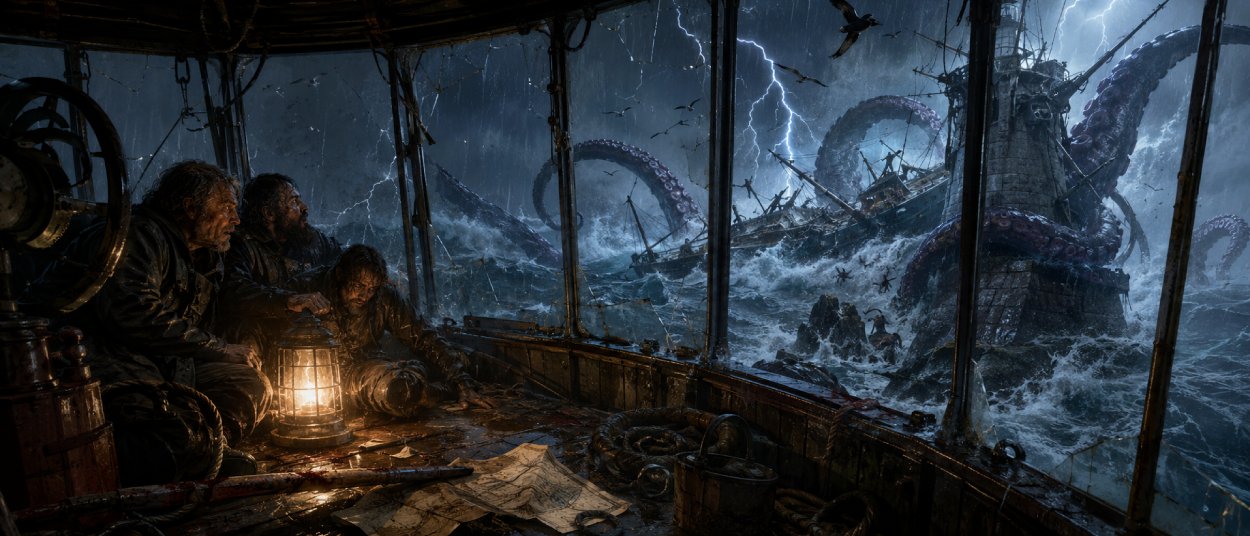 Der Angriff des Riesenkraken als Monsterfilm mit Walfangschiff, Leuchtturm, Sturm und mythischem Seeungeheuer.