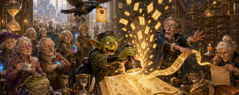 Fantasy-Szene in einem Amt für Lebenszeit: Kobolde, Chronomanten und Rentenorakel verlängern versehentlich die deutsche Lebenserwartung, während ältere Menschen mit Sanduhren, Tee und Longevity-Geräten warten.