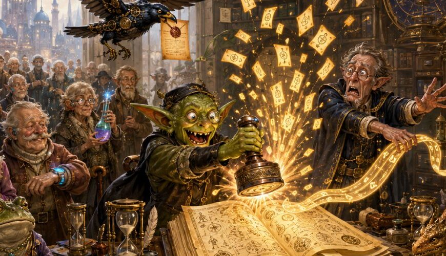 Fantasy-Szene in einem Amt für Lebenszeit: Kobolde, Chronomanten und Rentenorakel verlängern versehentlich die deutsche Lebenserwartung, während ältere Menschen mit Sanduhren, Tee und Longevity-Geräten warten.