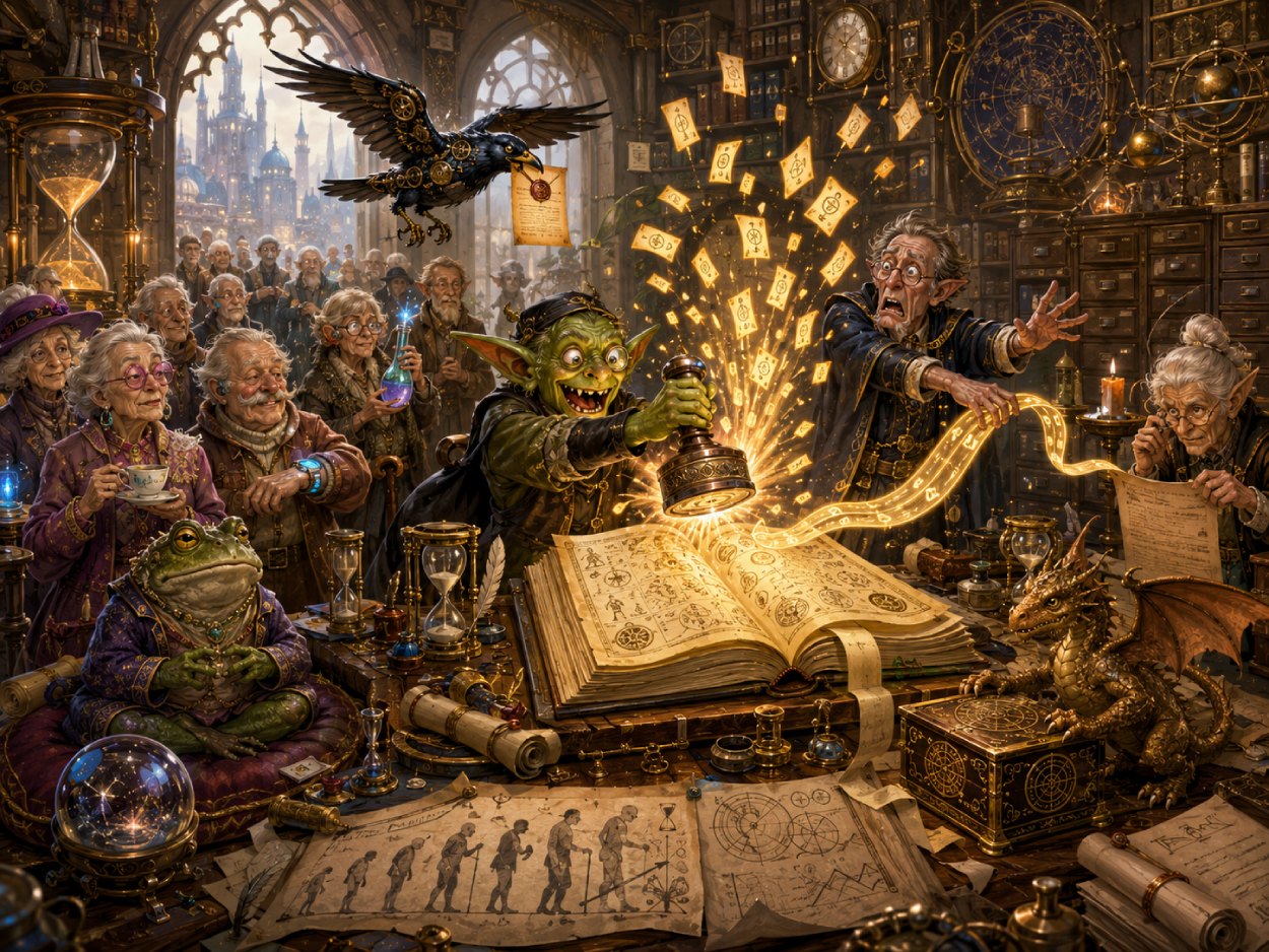 Fantasy-Szene in einem Amt für Lebenszeit: Kobolde, Chronomanten und Rentenorakel verlängern versehentlich die deutsche Lebenserwartung, während ältere Menschen mit Sanduhren, Tee und Longevity-Geräten warten.
