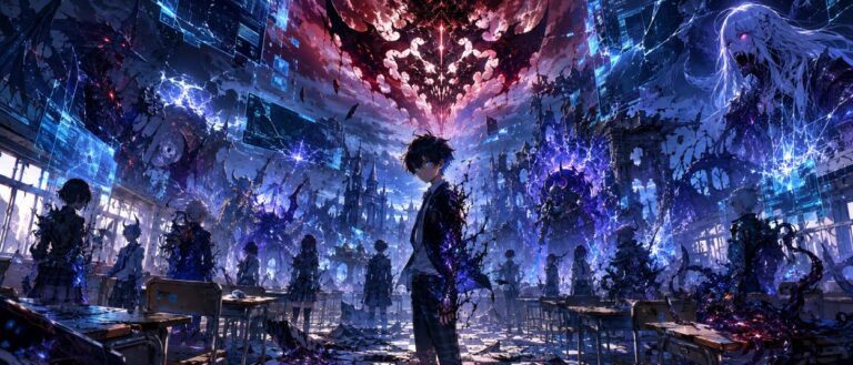 Ein Junge steht vor einem zerbrechenden VRMMO-Portal, während Fantasy-Monster und reale Klassenzimmerfragmente ineinanderfließen.