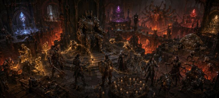Mehrere schwer gerüstete Fantasykämpfer stehen in einer unterirdischen Halle vor einem steinernen Thron, während Dämonen und Goblins aus glühenden Portalen treten.