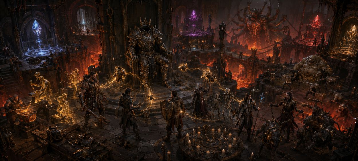 Mehrere schwer gerüstete Fantasykämpfer stehen in einer unterirdischen Halle vor einem steinernen Thron, während Dämonen und Goblins aus glühenden Portalen treten.
