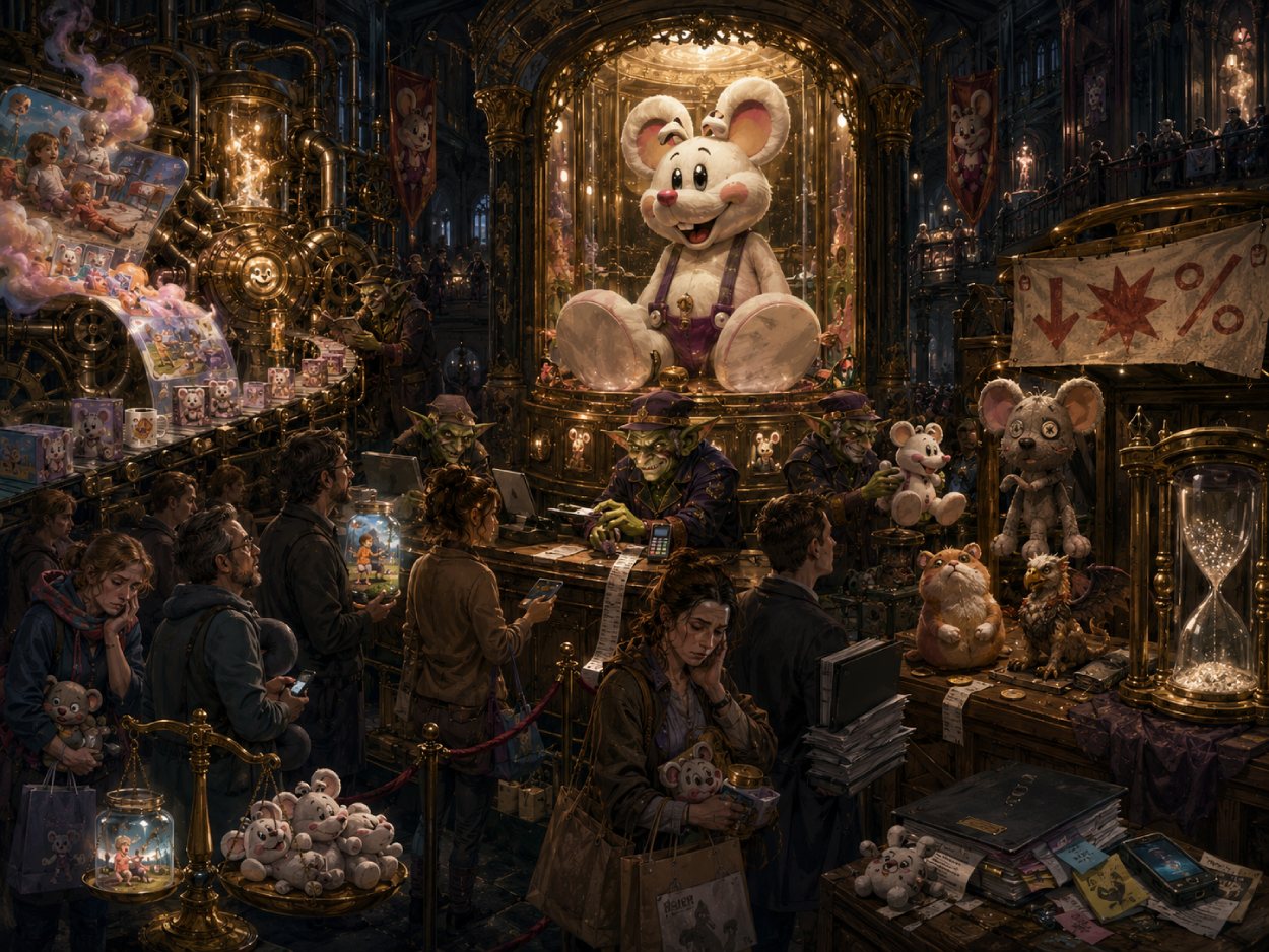 Erwachsene stehen in einer düsteren Fantasy-Kaufhalle vor einer riesigen lächelnden Plüschmaus mit großen Füßen, während Goblins Duftblöcke, Tassen und Kuscheltiere verkaufen. An einem kleinen Nebenstand liegen billige Stoffmäuse, ein Hamster mit abnehmbaren Ohren und ein aus einer Socke gebauter Kobold.