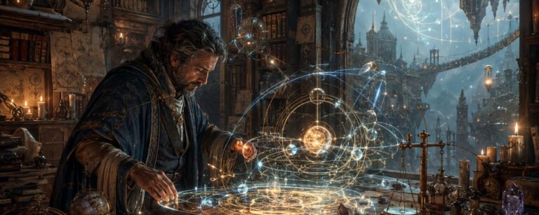 Magier in einer alten Bibliothek zieht leuchtende Runen, Kreise und magische Linien durch die Luft, während Bücher, Instrumente und Karten um ihn liegen.