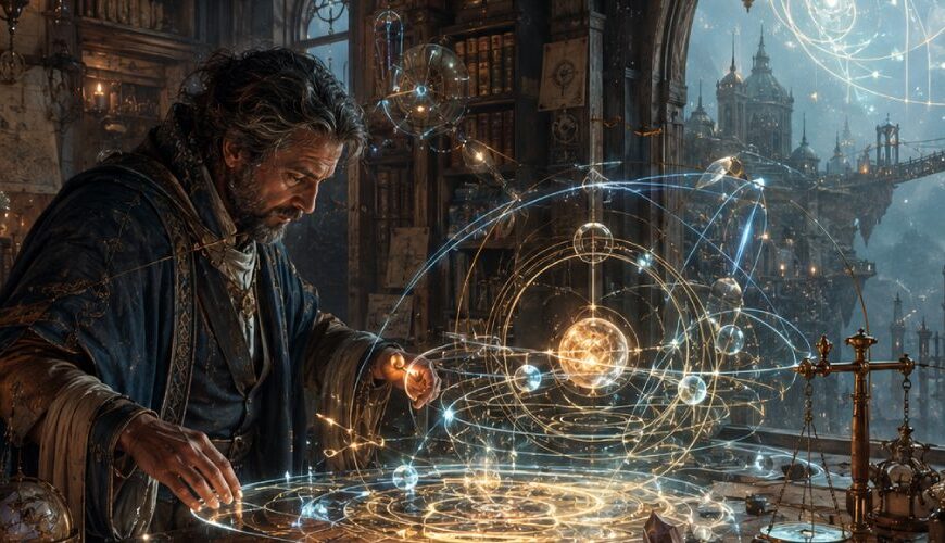 Magier in einer alten Bibliothek zieht leuchtende Runen, Kreise und magische Linien durch die Luft, während Bücher, Instrumente und Karten um ihn liegen.