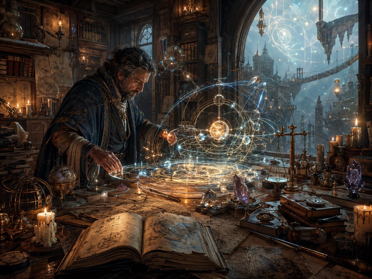 Magier in einer alten Bibliothek zieht leuchtende Runen, Kreise und magische Linien durch die Luft, während Bücher, Instrumente und Karten um ihn liegen.