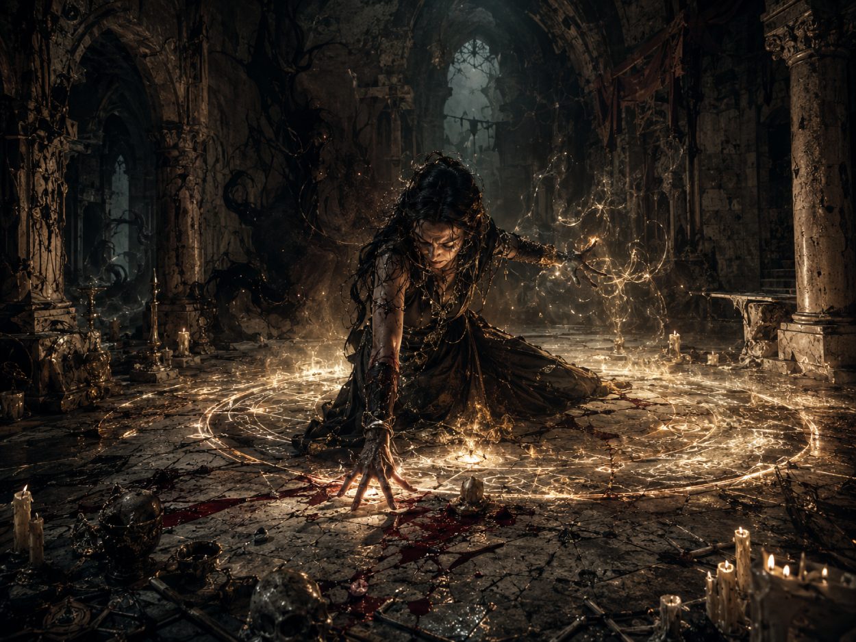 Dunkle Fantasy-Szene mit einer Zauberin oder einem Magier, der in einem Ritualkreis einen mächtigen Zauber wirkt, während sich die Kosten des Zaubers sichtbar zeigen.