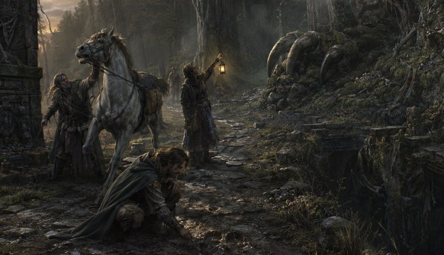 Gewaltiges unbekanntes Fantasywesen lauert hinter einem dunklen Waldrand, während Reisende auf einer alten Straße stehen bleiben.