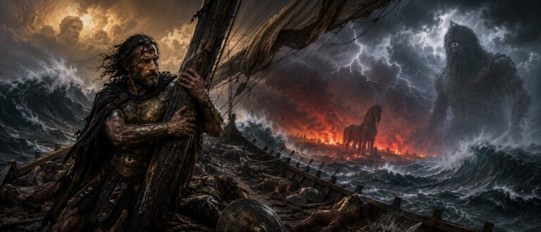 Odysseus steht auf einem Schiff im Sturm, während am Horizont ein Zyklop, gewaltige Wellen und ein hölzernes Pferd im Feuerschein erscheinen.