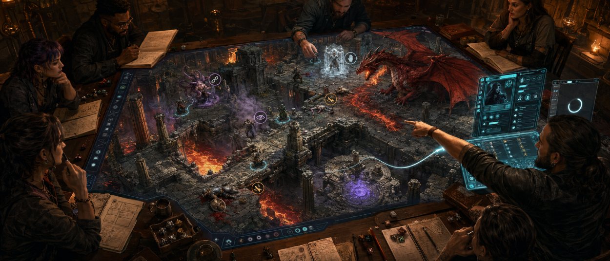 Ein digitaler Fantasy-Spielplan zeigt mehrere Figurenmarker in einem unterirdischen Gewölbe. Neben einem liegenden Krieger, einem festgehaltenen Magier und einem gelähmten Drachen erscheinen kleine farbige Zustandssymbole.