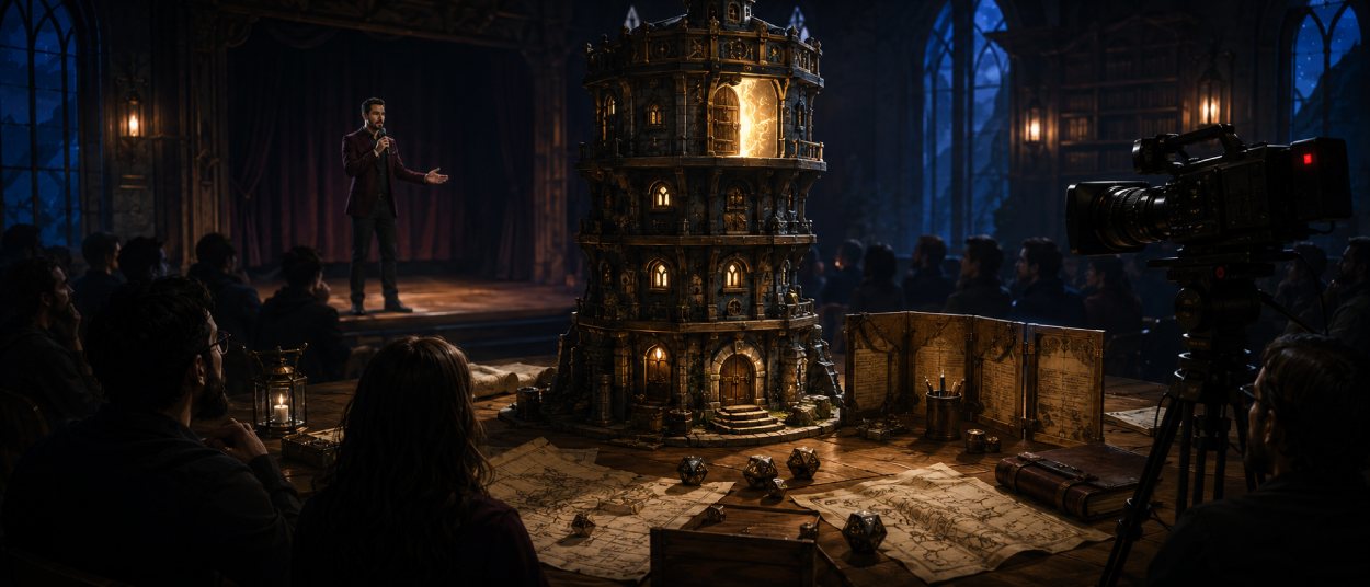 Eine geöffnete Tür an der Spitze eines sechsstöckigen Fantasieturms strahlt über einen Spieltisch mit Würfeln, Karten und einer auf die Szene gerichteten Kamera.