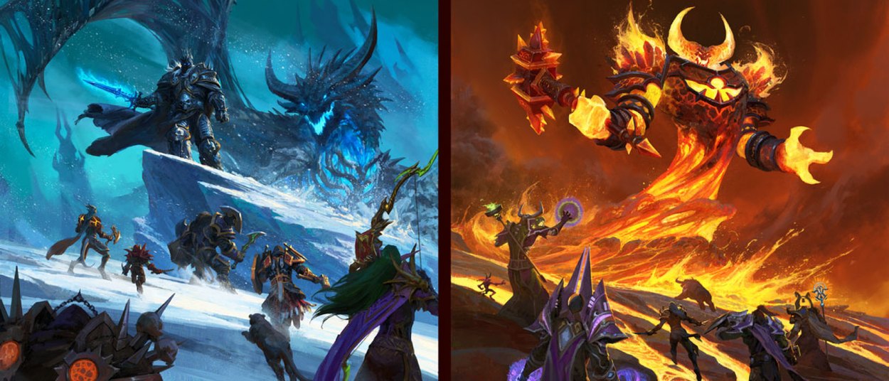Zwei Heldengruppen kämpfen in einer geteilten Fantasylandschaft gegen einen gepanzerten Eiskönig mit Drachen und einen riesigen brennenden Elementargeist.