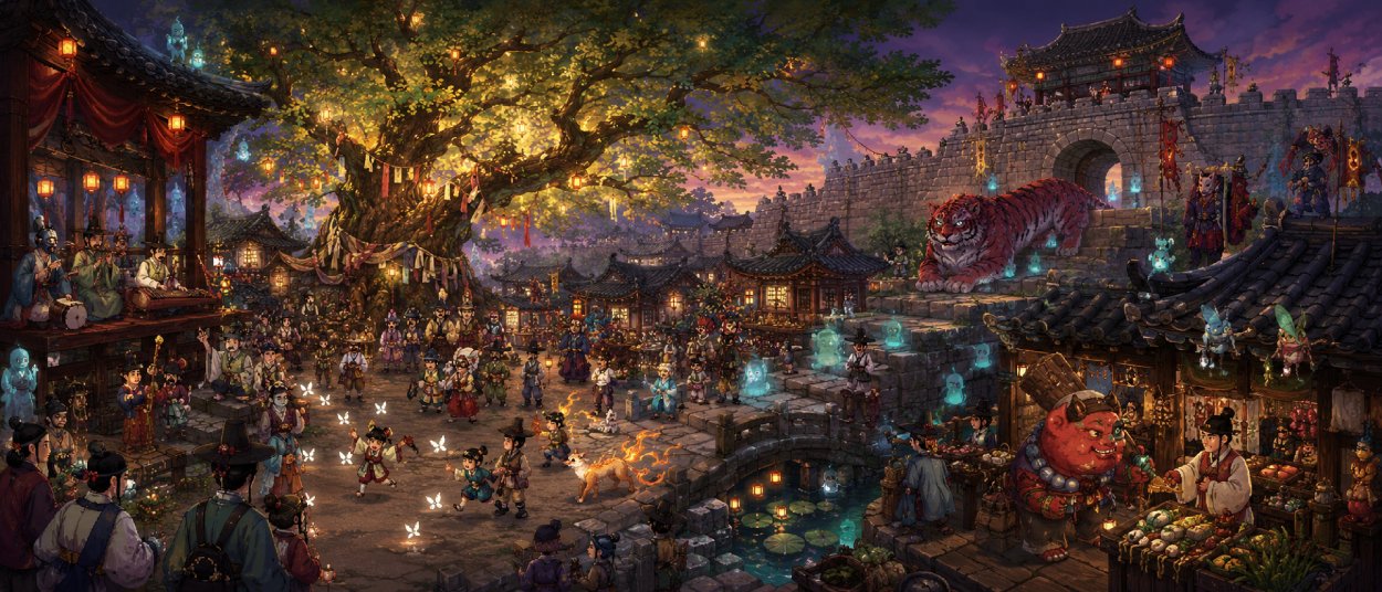 Dokkaebi World mit koreanischem Festdorf, heiligem Baum, Dokkaebi, Feuerfuchs und folkloristischen Geistern.