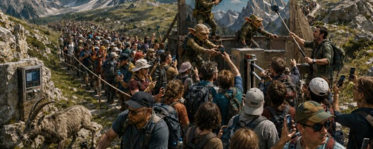 Eine lange Schlange von Wanderern mit Rucksäcken und Handys windet sich durch ein Bergtal zu einer Aussichtsplattform. Mehrere Kobolde kontrollieren Selfiestangen und Eintrittskarten.