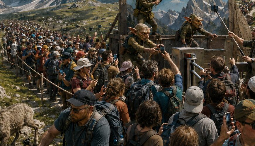 Eine lange Schlange von Wanderern mit Rucksäcken und Handys windet sich durch ein Bergtal zu einer Aussichtsplattform. Mehrere Kobolde kontrollieren Selfiestangen und Eintrittskarten.