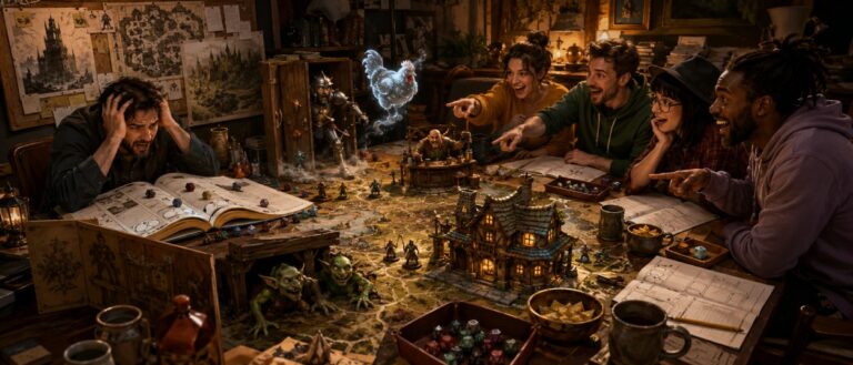 Ein Spielleiter würfelt mit Düngeonmeister Roll for Encounter eine spontane 5E-Begegnung für eine chaotische Taverne aus.