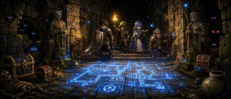 Eine kleine Heldengruppe steht mit Fackeln vor einer alten Dungeon-Treppe, während eine magische Karte über dem Steinboden leuchtet.