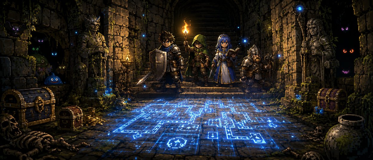 Eine kleine Heldengruppe steht mit Fackeln vor einer alten Dungeon-Treppe, während eine magische Karte über dem Steinboden leuchtet.