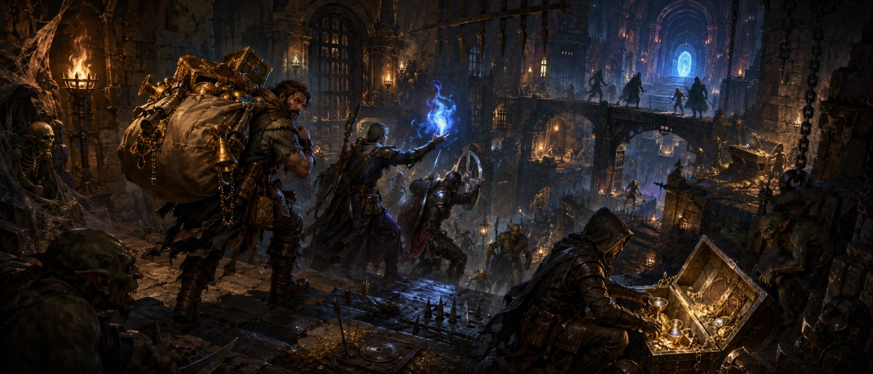 Mehrere Abenteurer schleichen mit Fackeln und Waffen durch einen gefährlichen Fantasy-Dungeon voller Fallen, Schatztruhen und lauernder Kreaturen.