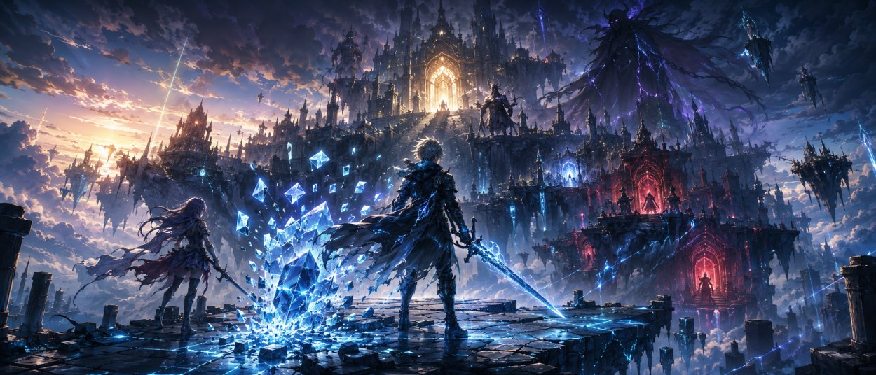 Ein Fantasy-Kämpfer steht vor einem schwebenden Schloss über den Wolken, während ein zerbrechender Spielstand als leuchtende Splitter um ihn herum verschwindet.