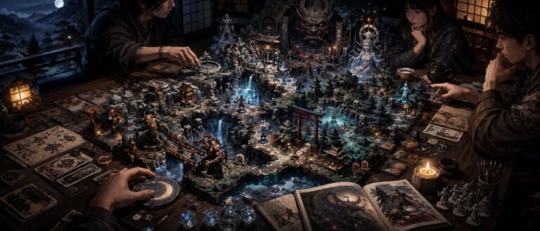 Vier Helden kämpfen in Eldfall Chronicles Northern Wind auf dem Berg Byodo gegen Oni, Geister und Untote.