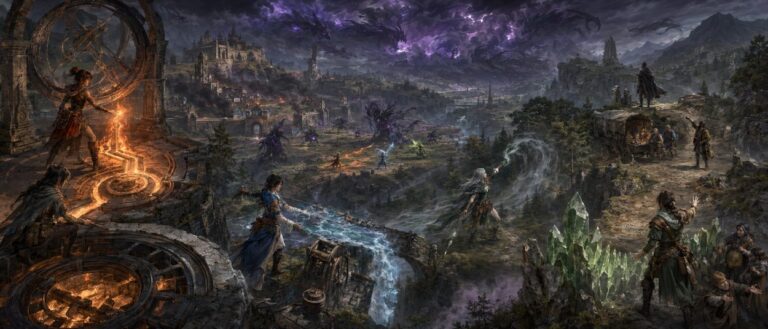 Vier junge Frauen stehen in einer felsigen Landschaft vor einer dunklen Wolkenwand. Um sie kreisen Flammen, Wasser, Wind und leuchtende Erdkristalle, während im Hintergrund eine befestigte Fantasy-Stadt und mehrere geflügelte Kreaturen zu sehen sind.
