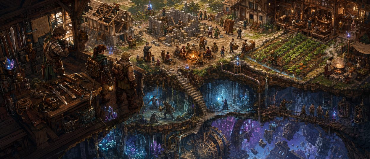 Eine Abenteurerin trägt Holzbalken durch ein wiederaufgebautes Fantasy-Dorf, während Bewohner Häuser reparieren und Gemüsebeete pflegen. Am Dorfrand steigen zwei bewaffnete Gefährten eine steinerne Treppe zu einer leuchtenden unterirdischen Ruine hinab.