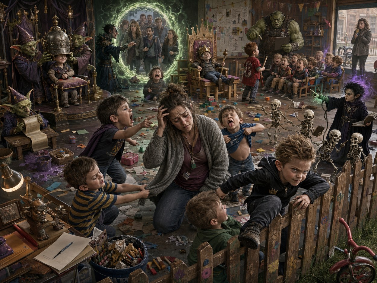 In einer chaotischen Fantasy-Kita stehen eine erschöpfte Erzieherin und mehrere wilde Kinder in einem verwüsteten Gruppenraum. Ein Kind klettert über einen Zaun, andere ziehen an Kleidung, während Kobolde, Orks und ein Nekromant im Hintergrund absurde Erziehungsmethoden vorbereiten.