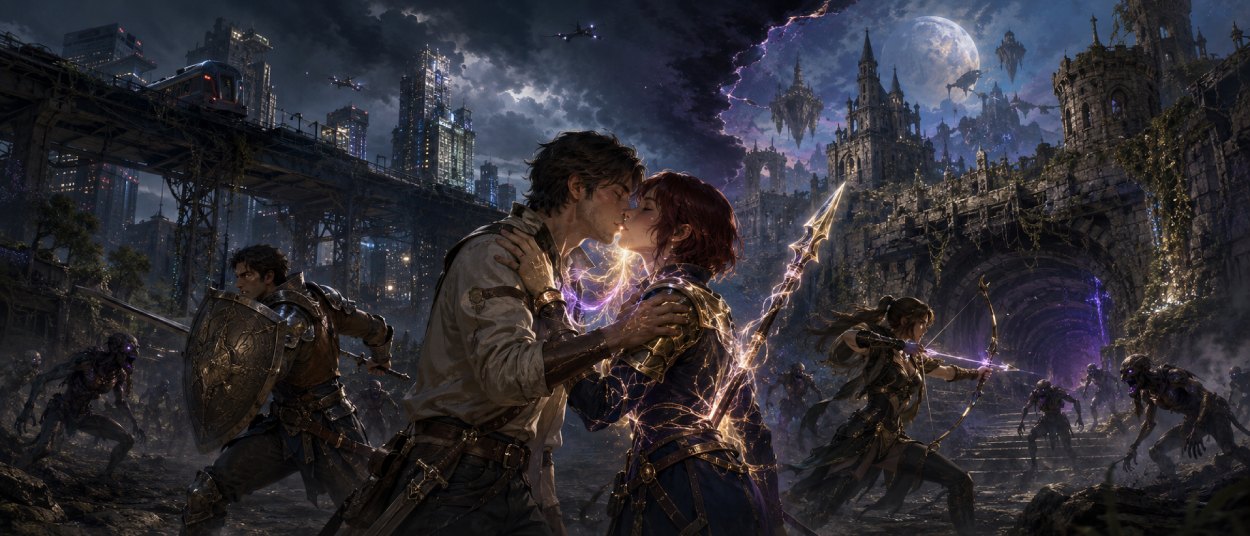 Zwei junge erwachsene Abenteurer küssen sich in einer zerstörten Stadt, während goldenes Licht zwischen ihnen aufleuchtet und moderne Hochhäuser mit steinernen Fantasytürmen verschmelzen.
