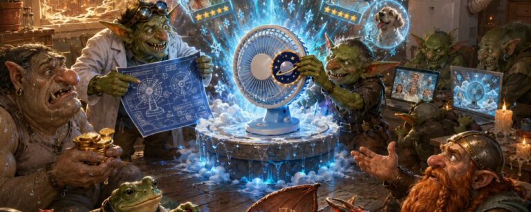 Fantasy-Szene in einem heißen Wohnzimmer: Ein billiger Ventilator wird als magische Mini-Klimaanlage verkauft, während Goblin-Betrüger mit Fake-Rezensionen, KI-Bildern und NASA-Symbolen werben.