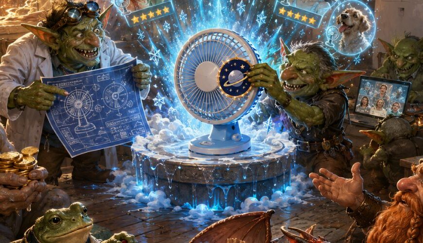 Fantasy-Szene in einem heißen Wohnzimmer: Ein billiger Ventilator wird als magische Mini-Klimaanlage verkauft, während Goblin-Betrüger mit Fake-Rezensionen, KI-Bildern und NASA-Symbolen werben.