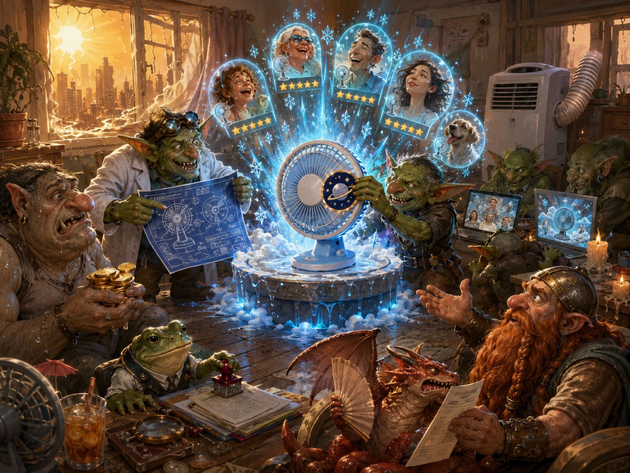Fantasy-Szene in einem heißen Wohnzimmer: Ein billiger Ventilator wird als magische Mini-Klimaanlage verkauft, während Goblin-Betrüger mit Fake-Rezensionen, KI-Bildern und NASA-Symbolen werben.
