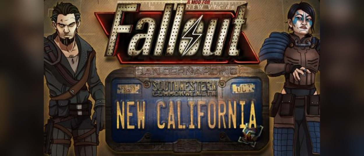 Zwei bewaffnete gezeichnete Figuren stehen neben einem großen Metallschild mit dem Schriftzug New California und einem Fallout-Logo.