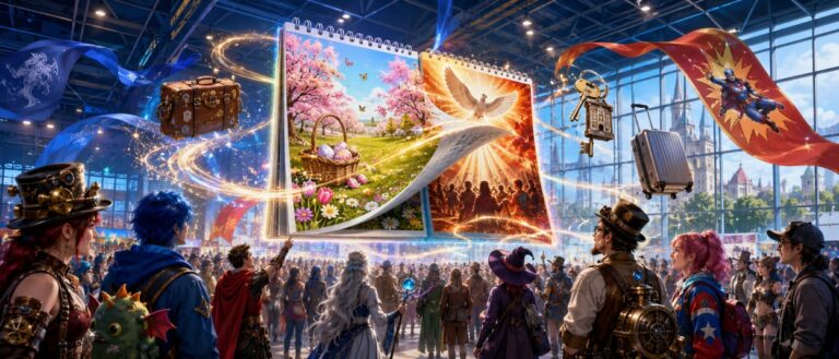 Ein magisches Kalenderblatt zeigt die Fantasy Basel an Pfingsten, während Cosplayer vor einer großen Messehalle auf ein leuchtendes Portal blicken.