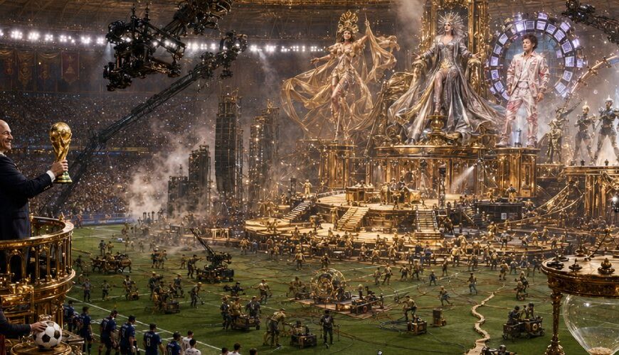 Eine gigantische goldene Halbzeitshow verdrängt beim WM-Finale den Fußball vom Rasen, während Spieler und Schiedsrichter am Spielfeldrand warten und FIFA-Funktionäre das Spektakel feiern.